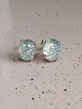 Sterling Silver Vintage Ice Light Blue Pressee Glass Stud Earrings